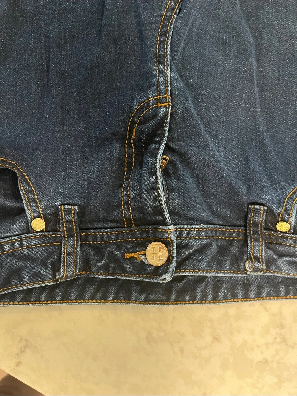 Tory Burch Dark Blue Flare Jeans with Gold Hardware